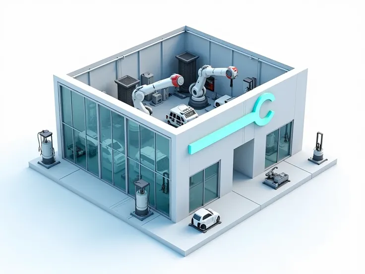 A modern top-down view repair workshop building on a white background. The structure features sleek glass walls, advanced robotic arms visible through the roof, and a glowing blue wrench icon above the entrance. The clean and minimalist design emphasizes f...