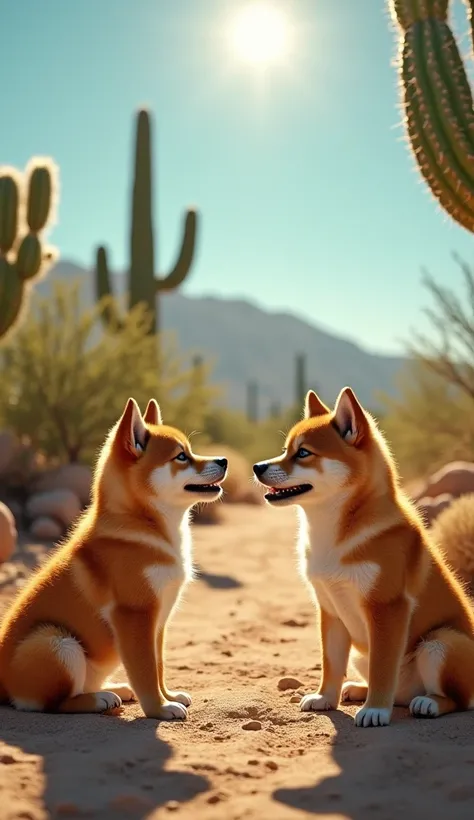 Realistic. Photorealistic. Image is vibrantly colored.
photo,Highly detailed 


Cacti with lots of sharp spines、 puppy Shiba Inu are facing each other、

The background is the desert、 the summer sun is strong 、
