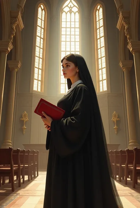 Nun A young girl, 25 years old, dressed in a modest dress, large breasts. Large hips. He is standing in a church with large windows. He holds a red book in his hands. 