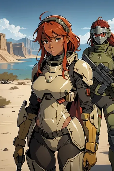 African women, Sexy feminine, sci-fi, In front of a lake in the desert, battle armor  , vast  battle  suits,  holding assault  rifle,  tactical  helmet,  full  armor,  holding  HK416 , red hair,  red battle suits,  african hair locs  , tactical vest 