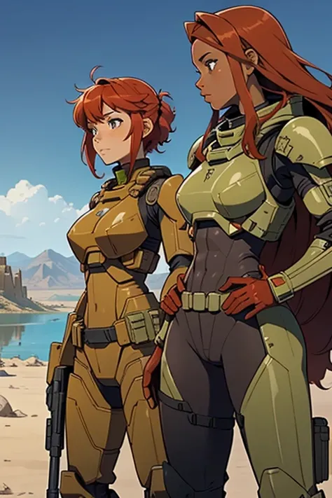 African women, Sexy feminine, sci-fi, In front of a lake in the desert, battle armor  , vast  battle  suits,  holding assault  rifle,  tactical  helmet,  full  armor,  holding  HK416 , red hair,  red battle suits,  african hair locs  , tactical vest 