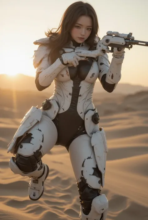 Movie level close-up, realistic images, Chinese female, 35 years old, with a resolute face, wearing pure white tight technology armor, with a frosted texture on the surface of the armor, full of battle marks and deep scratches. In the desert under the morn...