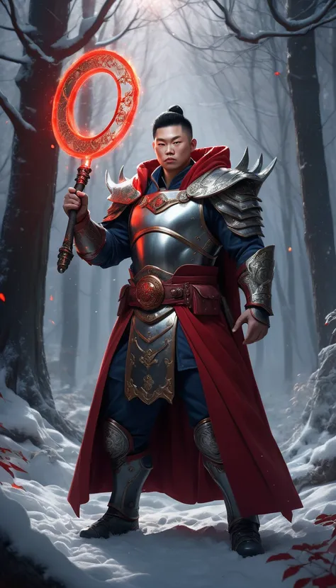 Weiwu Mighty Chinese Man ， Dressed in Gorgeous Hanoveralls and Armor ,  Greedy Heavy Arms and Red Cloak ,  behind a glowing red magic ring,  Standing in the dark forest holding a weapon , snow,  Extensive detail  , realistic,  Extensive detail  , 32k ultra...