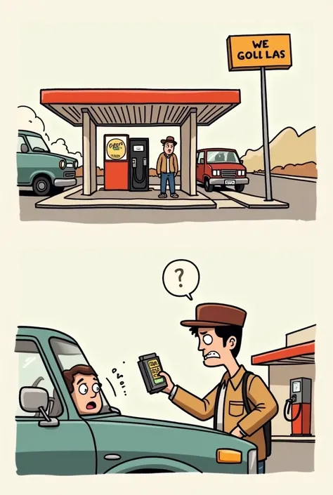 Create a simple two-act comic that focuses on gasoline shortages but with humor, with a type of simple linear funny comic illustration ,  where it shows that gas stations now give you coffee instead of gas for your car  