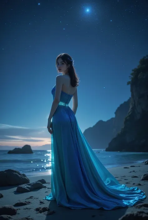 In this panoramic scene,the woman on the rocky beach at night turns to look back towards the viewer,creating a moment of connection. Her face is detailed and clear,illuminated by the soft,ethereal glow of the bioluminescent light reflecting off her satin s...