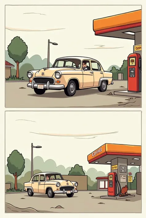 Create a simple two-act comic that focuses on gasoline shortages but with humor, with a type of simple linear funny comic illustration ,  where it shows that gas stations now give you coffee instead of gas for your car  