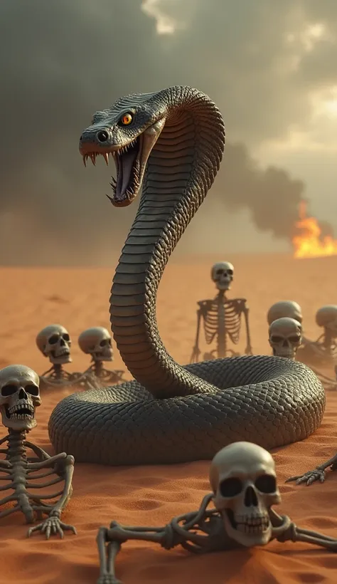 "Hyper-realistic depiction of an angry king cobra, its hood flared and fangs bared, standing in front of multiple human skeletons with multiple heads, scattered on the desert sand. The skeletons are eerie and lifeless, adding a sense of dread. The backgrou...