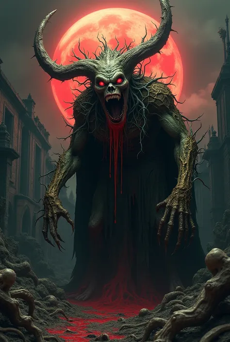  black demon eyes glaring dry skin pale wrinkled roots and intricate plants in the old building , gold armor that in carved very intricate fractal bodies shining bright red ,  open mouth bloody viscous red ,  clearly visible feet like devils feet backgroun...