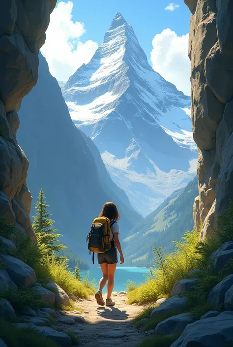 A teen girl walking in mountain