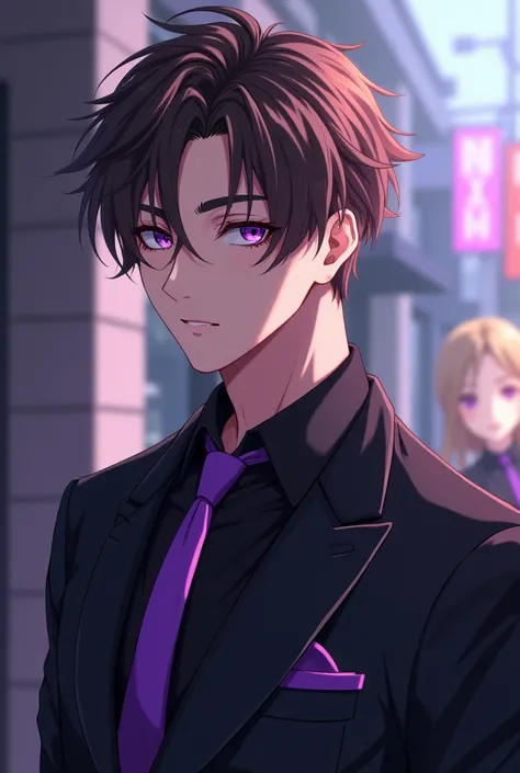 He has short brown wolf cut hair. Let his eyes be purple. Have a cool look. Get a purple tie on a black shirt. Let it be cool. Let him be around 28 years old.A anime girl.