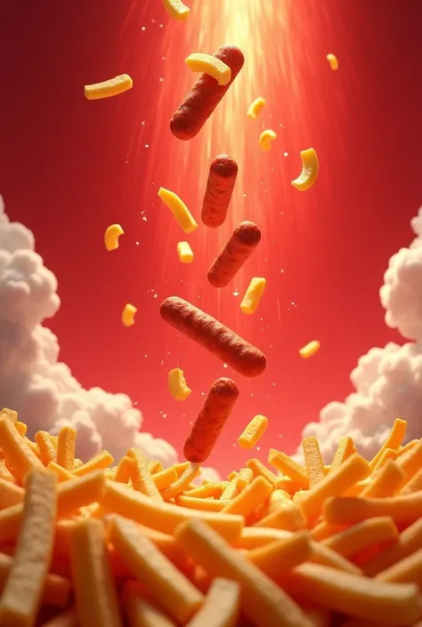 I want a well-detailed image of French fries and sausages falling from the sky with red colors 