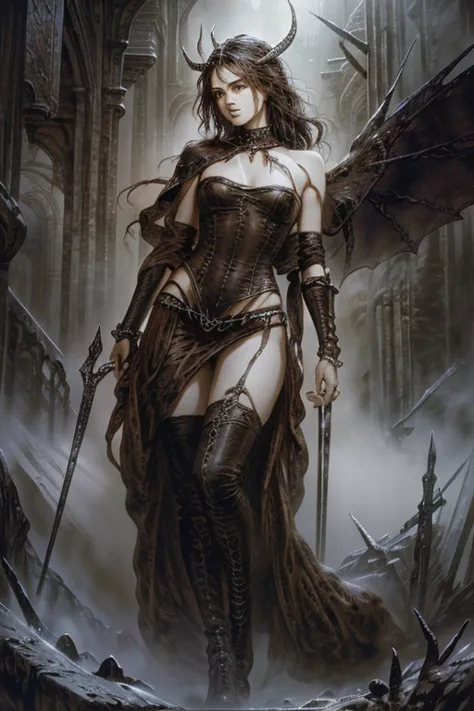 create a striking female demon inspired by the works of luis royo, standing confidently with a sensual and commanding posture. s...