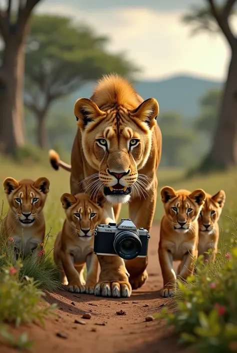 A lioness stealing a photographers camera and giving it to her cubs as a new toy, documentary photography style, high quality, photorealistic, dramatic lighting, dynamic composition, dramatic shadows, vibrant colors, cinematic, extreme detail, lifelike tex...