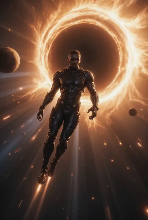 Mid distant view, slim figure, male, wearing science fiction combat board armor, back jet powered gas propulsion, flying at high speed around the outer edge of a black hole in the universe, realistic, ultra clear, enhanced details, multiple exposures