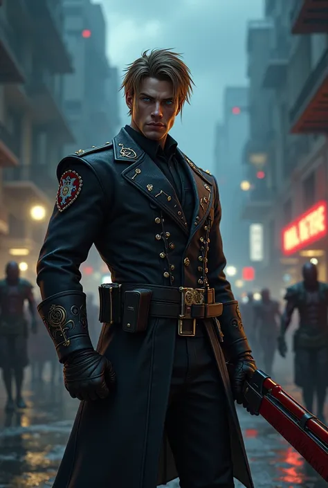 Create final fantasy style: a handsome strong man with short brown hair with blue eyes wearing an ornamented police uniform holding a red shotgun with black ornaments in a city full of zombies at night