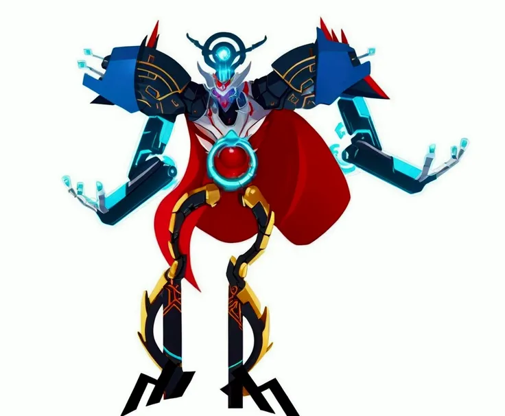 a close up of a cartoon character with a red cape, male djinn man demon hybrid, style of duelyst, simple futurist cyborg empress, this character has cryokinesis, greek god in mecha style, full portrait of electromancer, djinn man male demon, futuristic rob...