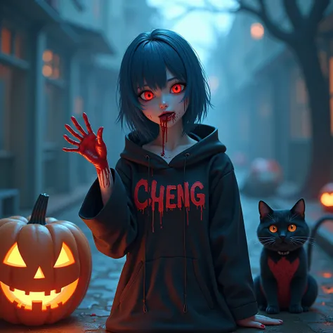 A 3d anime women, blueish hair, licking her hand with a blood, had a scary costume, cool background, had a cat with a costume, have a jack o lantern, with a name on her costume "Cheng" with a big font