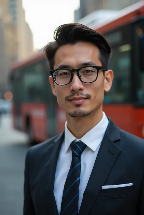 photorealistic a young man, in the city, wearing a suit, tie, white shirt, make a glases, photo position in stop bus,morning ,key light,fill light, face look at camera,take close up, clicked using Nikon D850 –ar 3:4