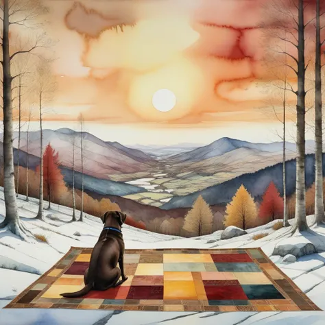 Watercolour and ink patchwork in the style of Jamie Heiden, Walter Crane, Daniel Merriam, Ivan Shiskin, John Atkinson Grimshaw. In a forest clearing in late autumn, a woman is sitting, together with her (brown) Labrador dog, on a large patchwork blanket. B...