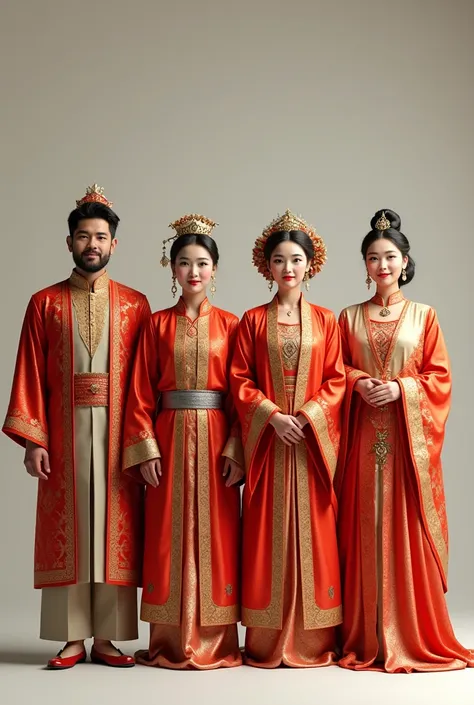 3 man. 3 girls, couples, front view, traditional outfit 