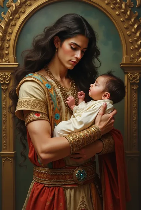 A young and beautiful 16-year-old white prince is holding a baby in his arms、Im wearing an Indian prince costume、 long hair、Baroque oil painting 
