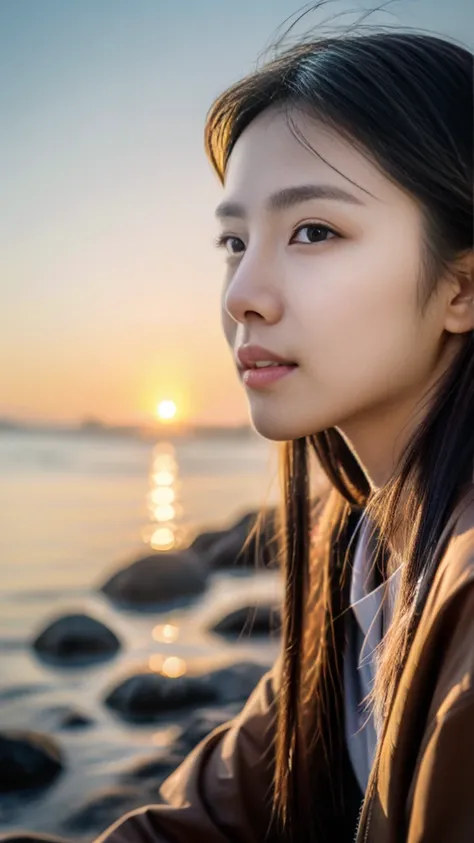  super quality、 ultra high resolution、8k、 comet 、The most beautiful woman in the world、（ brown long hair:1.5）、Small face、Thin, thin eyebrows 、evening、Sunset、You can see the ocean、 reality stick、（ black jacket :1.5）、 Sexy Expression 、 Sexy Poses 、