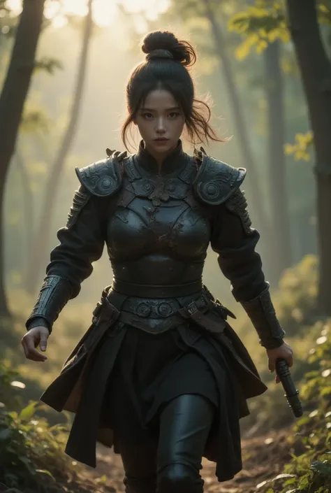 Movie close-up shot, half body photography, ancient Chinese woman, wearing black rough leather armor, with dirt all over her face and messy hair, galloping in the primitive forest, with little fog in the forest, morning light source, sunlight, natural ligh...