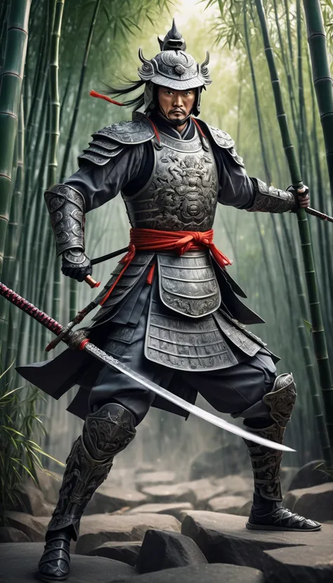 Realistic style photo, full body of fighting pose eternity Chinese solider, holding long handle spear Sword , wearing dark grey hanfu armor with intricately carved steel armor, looks like a strong and dashing heroic general, intricate details, attack, angr...