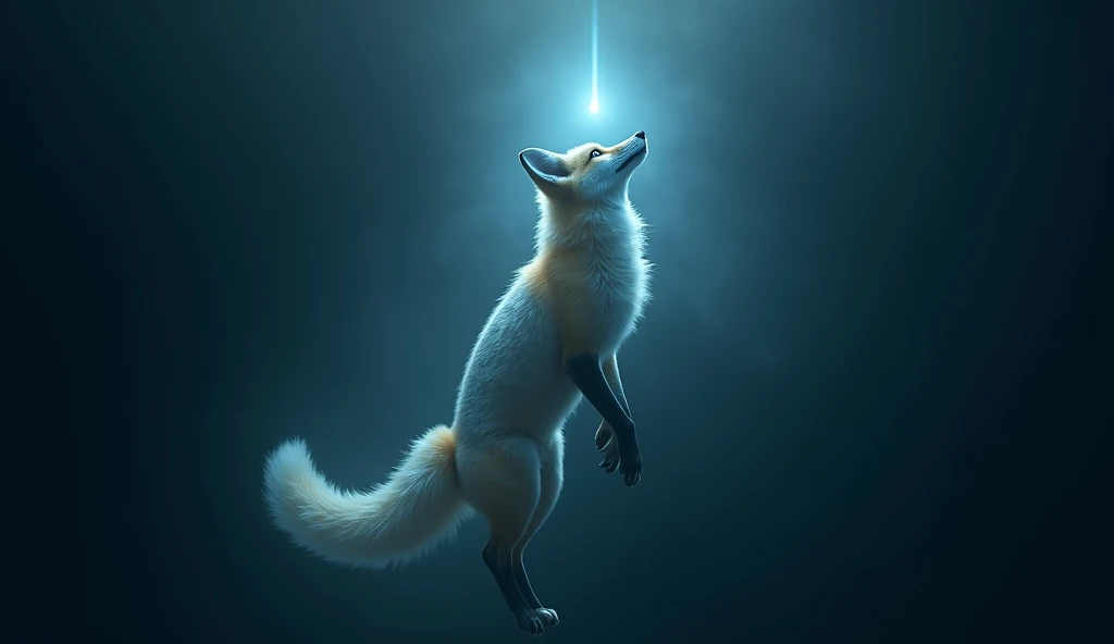 FOX FLOATING LOOKING AT A LIGHT UP THERE AND DOWN THE DARK DARK BLUE BACKGROUND ON THE SIDES