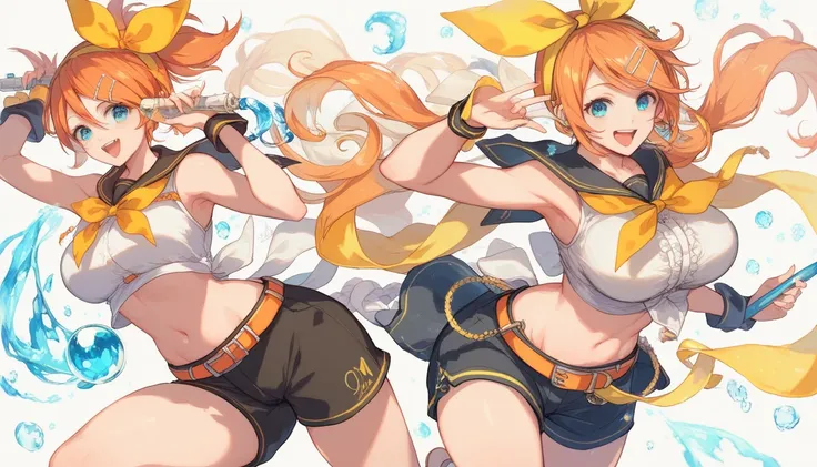 With a radiant smile and short orange hair, Kagamine Rin captivates viewers with her big breasts and midriff in a sleeveless white shirt, black shorts, and a sailor collar accentuated by an orange belt and neck ribbon. In a singing pose, the enchanting ima...