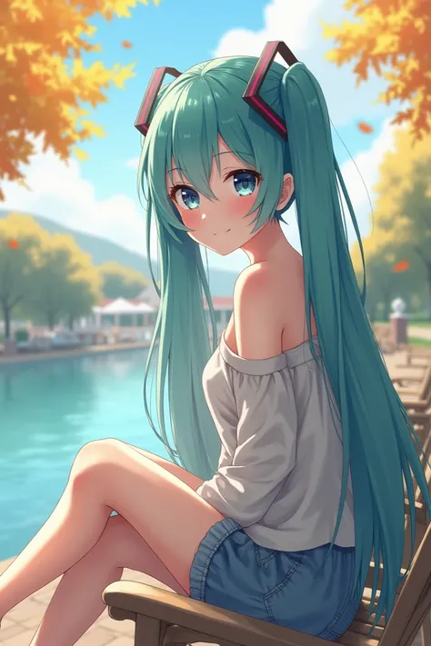 muted pastel tones, peaceful and cozy atmosphere, semi-realistic lighting, polished anime aesthetic, autumn, , Hatsune Miku, blue eyes, Young lady at a European resort, villa by the river, sitting on the terrace chair by the river, clear sky, gentle smile,...