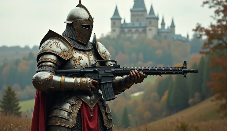 medieval knight in elaborate late gothic era full plate armour holding a belt fed m60e6  machine gun 