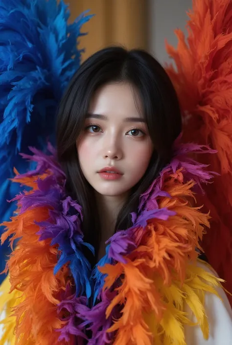 Fashion photography portrait, close up portrait, (1girl, clear face:1, is with Colorful feathers on her neck, surrounded by Colorful feathers, black long hair, wear colorful Colorful feathers coat and outfit fashion costume with ruffled layers:1)