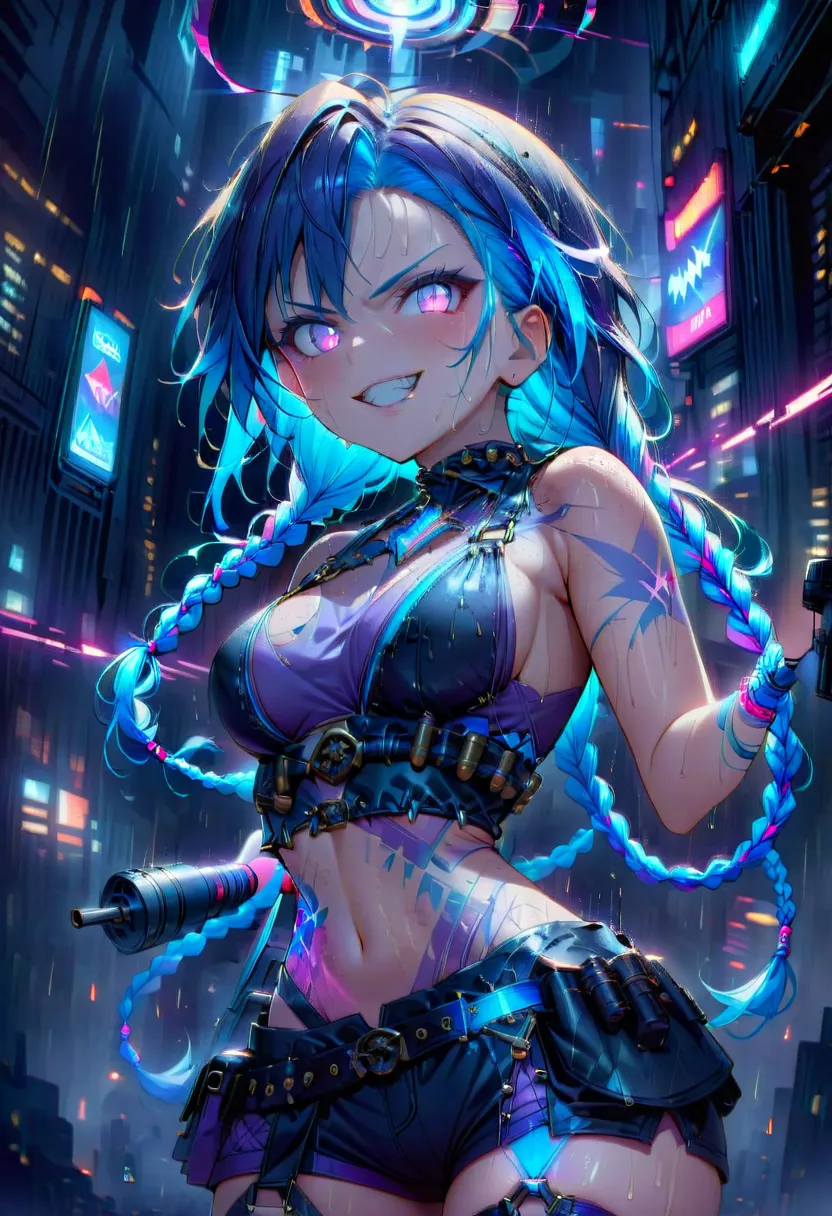 a dynamic image of a female character inspired by jinx from arcane, set in a futuristic neon-lit city. she has long, vibrant blu...