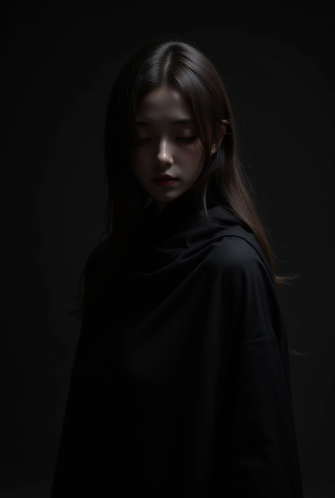 minimalistic black background,(minimalist abstraction:1.2),(conceptual portraiture:1.3),dark tones,mysterious atmosphere,a woman in black cloak,soft fabric,face partially obscured by long hair,soft light,stark contrast between lightness and darkness,serene...