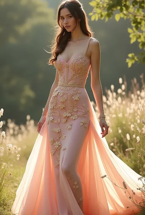 Create a light pink long dress with gold details, the details are flowers, that it has a square-shaped neckline, on the contrary, close to the breasts, a black heel with gold details, light pink gloves with gold details, all have to be flowers and tree lea...