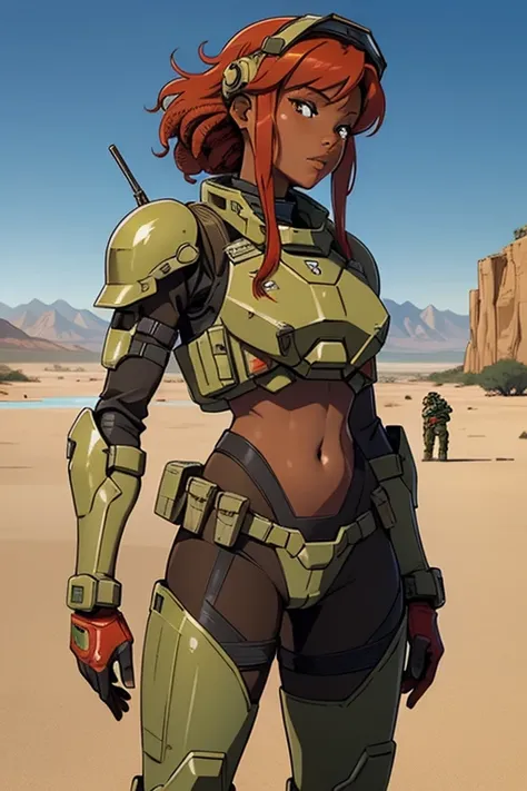 African women, Sexy feminine, sci-fi, In front of a lake in the desert, battle armor  , vast  battle  suits,  holding assault  rifle,  tactical  helmet,  full  armor,  holding  HK416 , red hair,  red battle suits,  african hair locs  , tactical vest combat...