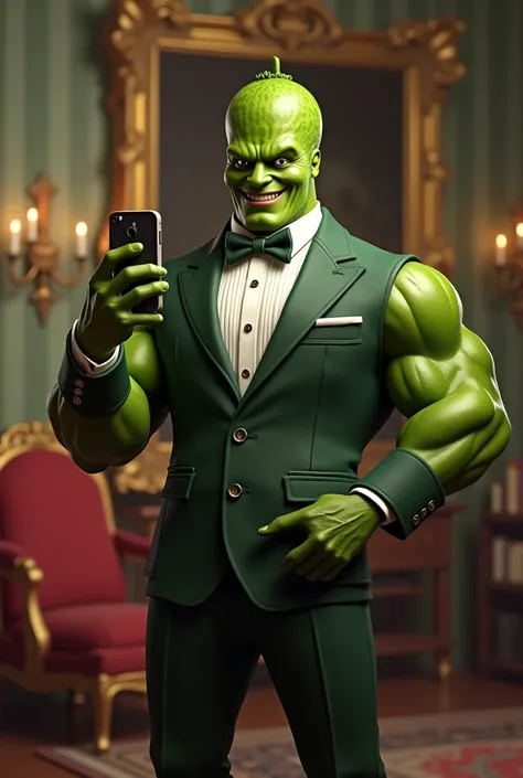 I want you to do a muscular pickle taking a selfie in an elegant suit 
