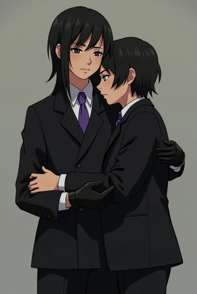 Live Action pre teen Asian boy with Long black Shoulder-Length Hair, Wearing a LONG Sleeved, Baggy Black Double Breasted Suit over a Baggy White Dress shirt Properly Tucked in With The Sleeves Covering the Palms and Purple tie tied Tightly around his neck ...