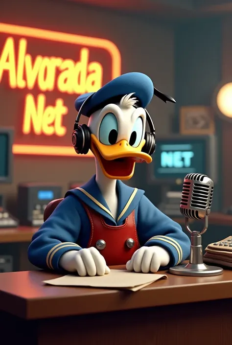 Donald Duck in a radio studio as an announcer and with a headset and written in the background Alvorada Net