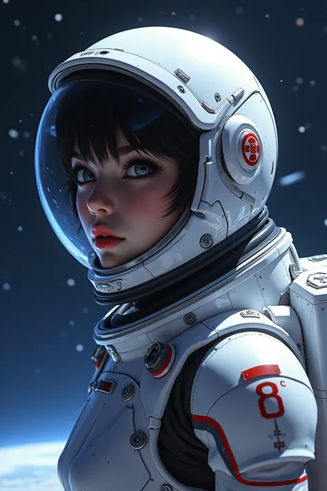 Rei ayanami in heavy astronaut armor in space
