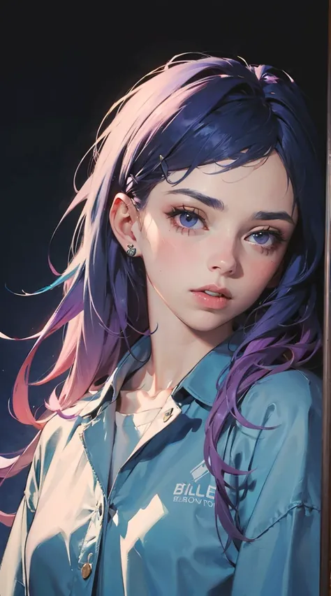 ((1girl, solo), Billie Eilish), (blue hair:1.1), (purple hair), gradient hair