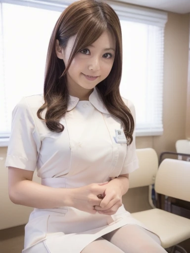   a very beautiful Japanese woman ，nurse，22 years old（Brown Hair， long hair ， Big Breasts ） nurse costume（ピンクの nurse costume， white stockings、White heels）， syringe，（Im injecting it into a mans upper arm），Examination room,,  high definition ,  anatomically ...