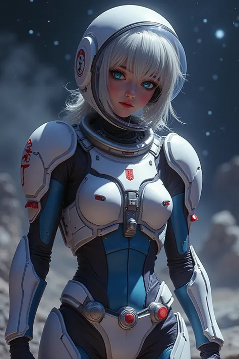 Rei ayanami in heavy astronaut armor in space
