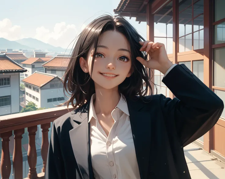  Slender Woman　 Japanese　 wearing a suit 　The 　I&#39;m on the roof of a building　smile　 　 long, dark haired anime beautiful girl with her hands on her forehead