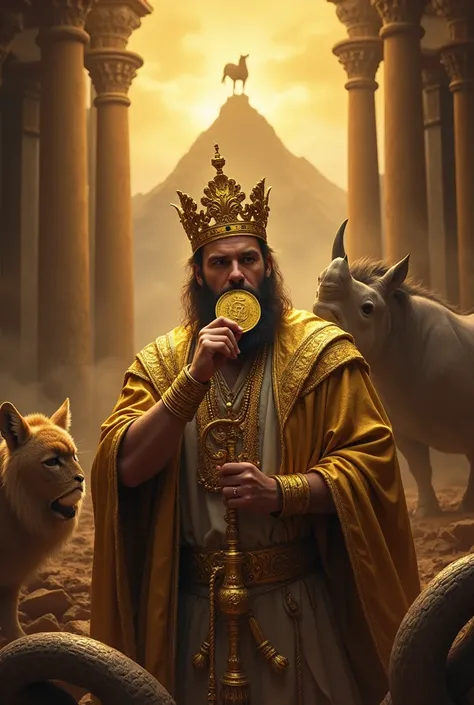 High quality art.  Cinematic lighting.  professional lighting.  He is a king who is biting his finger with his mouth .  On stage the head of a donkey appears .  A lion wounded by an arrow .   A rod and below the rod a snake .   In the background is a mount...