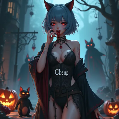 A 3d anime matured women, small boobs, blueish hair, licking her hand with a blood, had a scary costume, cool background, had a cat with a costume, have a jack o lantern, with a name on her costume "Cheng" with a big font