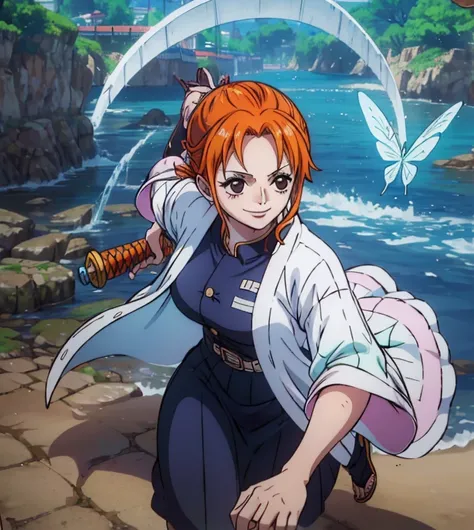  (masterpiece, best quality, 4K, 8k,   high definition  , masterpiece:1.2),  super detailed, (Realistic, photoRealistic, photo-Realistic:1.37),    Pale Orange Hair  ,  Nami in One Piece , pale orange hair hidden in thick grass ,( side tail,Braiding),butter...