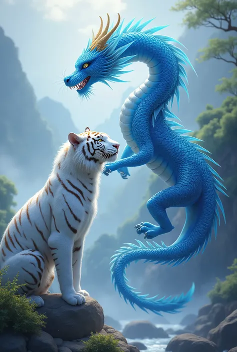 Draw an oriental blue dragon and white tiger