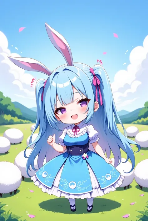 ( best quality, very detailed depiction, incredible high resolution),ruralの風景:1.5,rural, Idyllic Atmosphere , 1 girl,(Chibi,cute, smaller,Blue Hair, very long hair,bangs,( Fluffy White Rabbit), white skin,Blue Princess Dress,wired skirt,Chest, full body im...